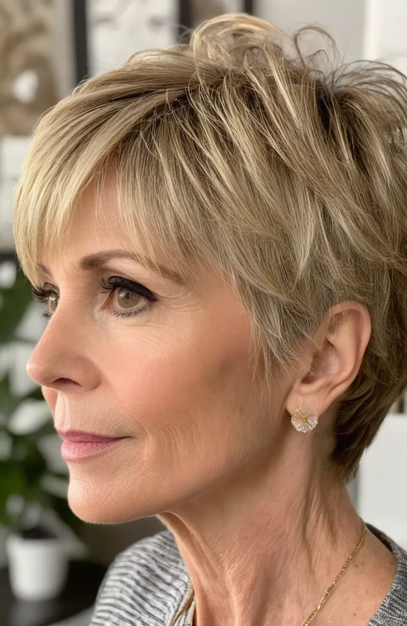 A photo of a 55-year-old Karen, textured blonde pixie with long bangs, side view, living room background