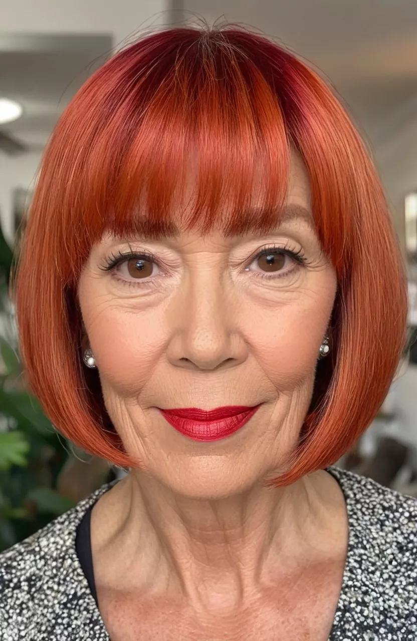 A photo of a 62-year-old Debra, vibrant red chin-length bob with bangs, front view, living room background