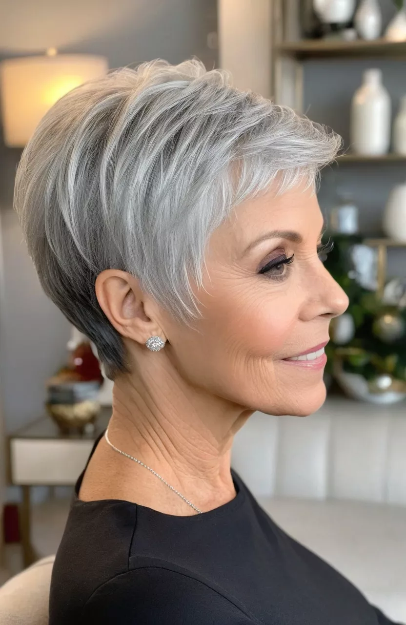 Silver Tapered Pixie Bob A photo of a 63-year-old Kimberly, silver tapered pixie bob, side view, living room background