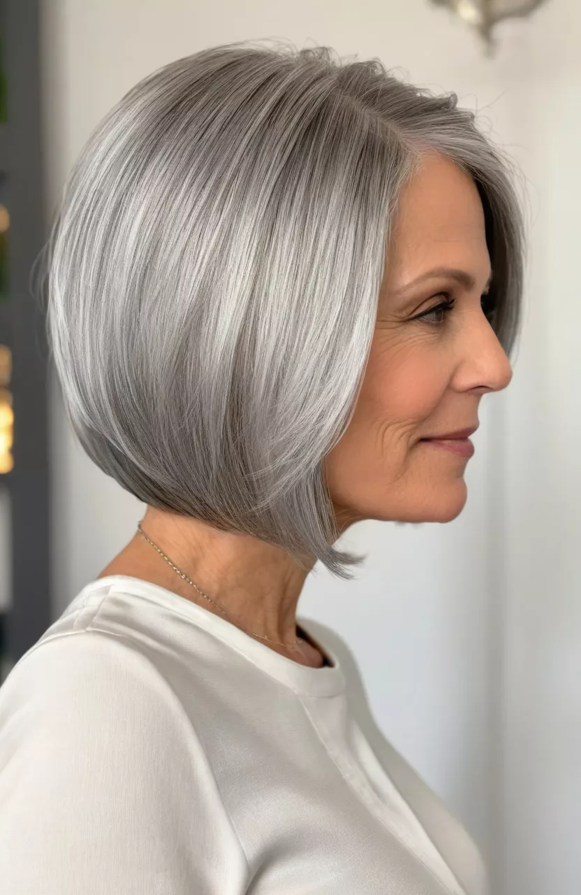 Layered Silver Bob for Fine Hair A photo of a 56-year-old Jennifer, layered silver bob for fine hair, side view, living room background
