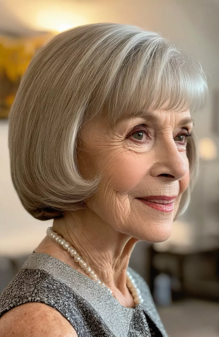 A photo of a 79-year-old Carolyn, side-swept bob with bangs, side view, living room background