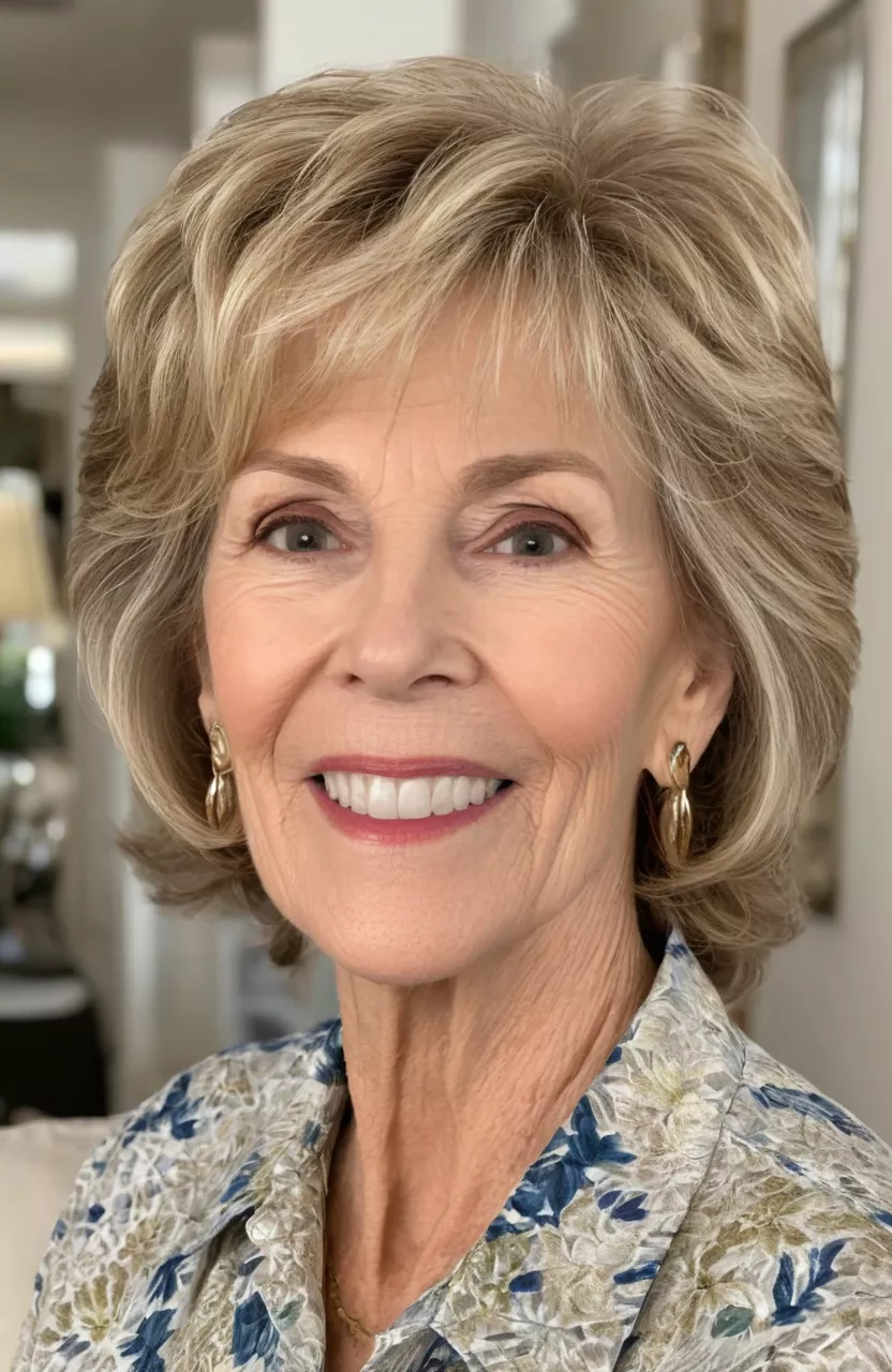 A photo of a 66-year-old Carol, textured blonde piecey layers, front view, living room background