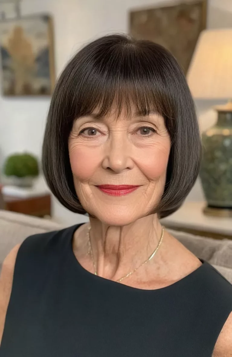 A photo of a 69-year-old Diane, classic chin-length bob with bangs, front view, living room background