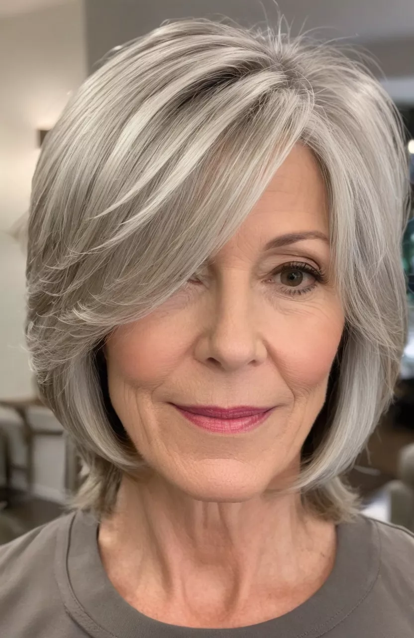 A photo of a 57-year-old Michelle, silver blonde shoulder-length cut with tapered face-framing layers, side view, living room background