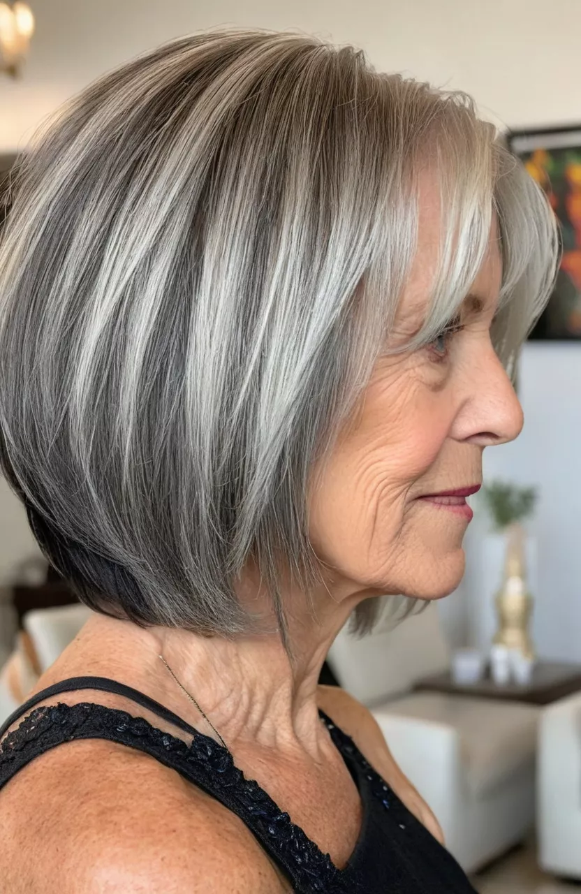 A photo of a 74-year-old Diane, edgy asymmetrical bob, side view, living room background