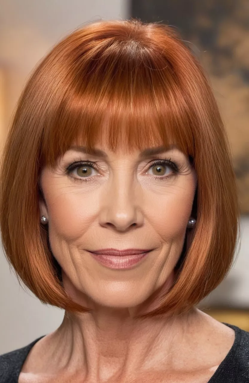 Copper Tones with Bottleneck Fringe A photo of a 54-year-old Jennifer, copper hair with bottleneck fringe, front view, living room background