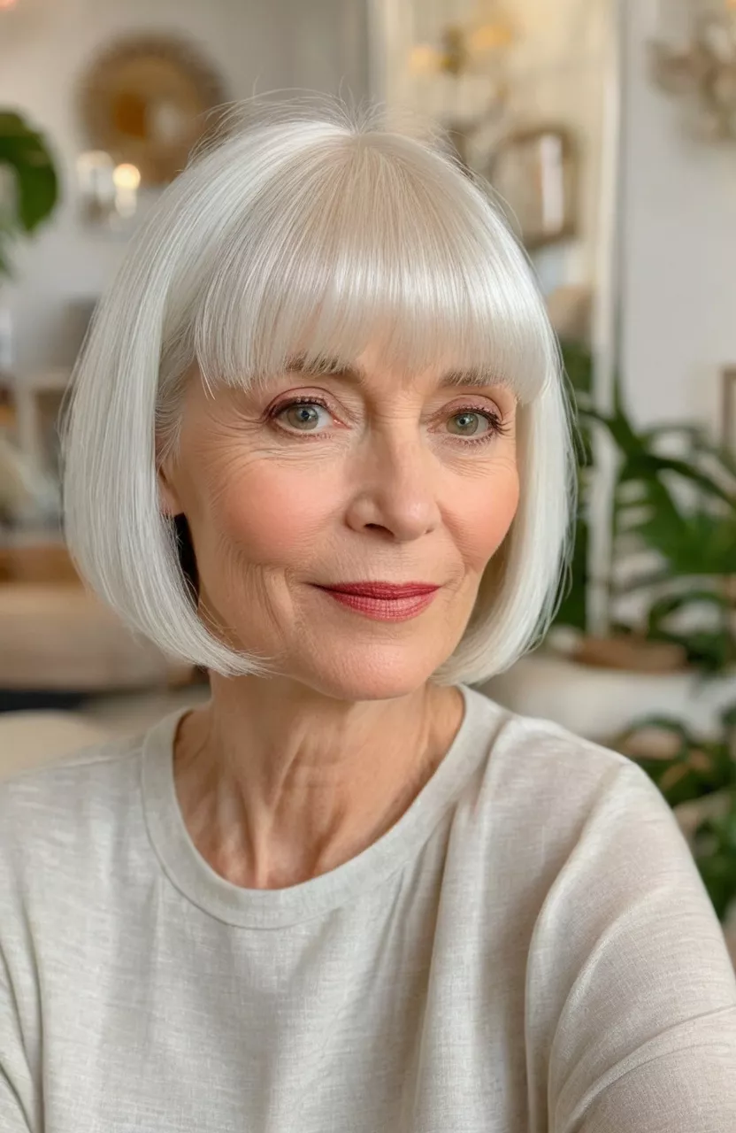 Simple White Bob with Bangs A photo of a 55-year-old Frances, simple white bob with bangs, front view, living room background