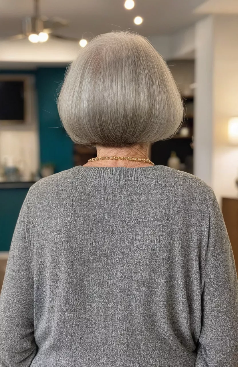 A photo of a 74-year-old Frances, graduated bob, back view, living room background