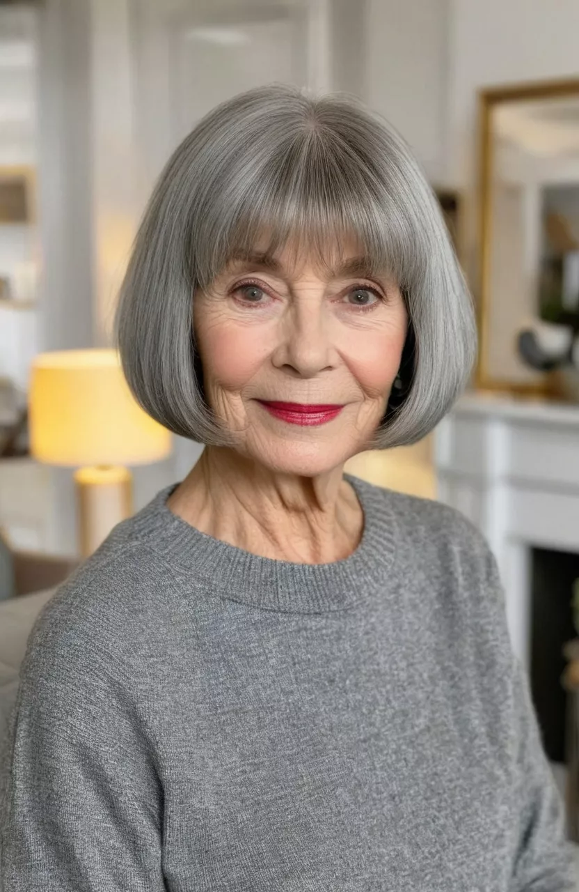 A photo of a 74-year-old Christine, French gray bob with soft bangs, front view, living room background