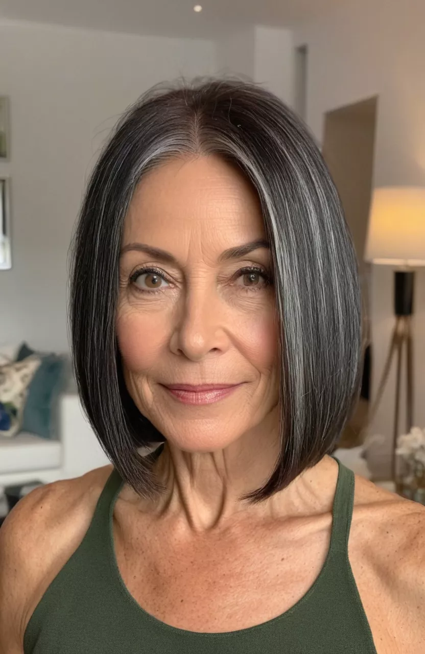 A photo of a 59-year-old Angela, straight dark bob with subtle highlights, front view, living room background