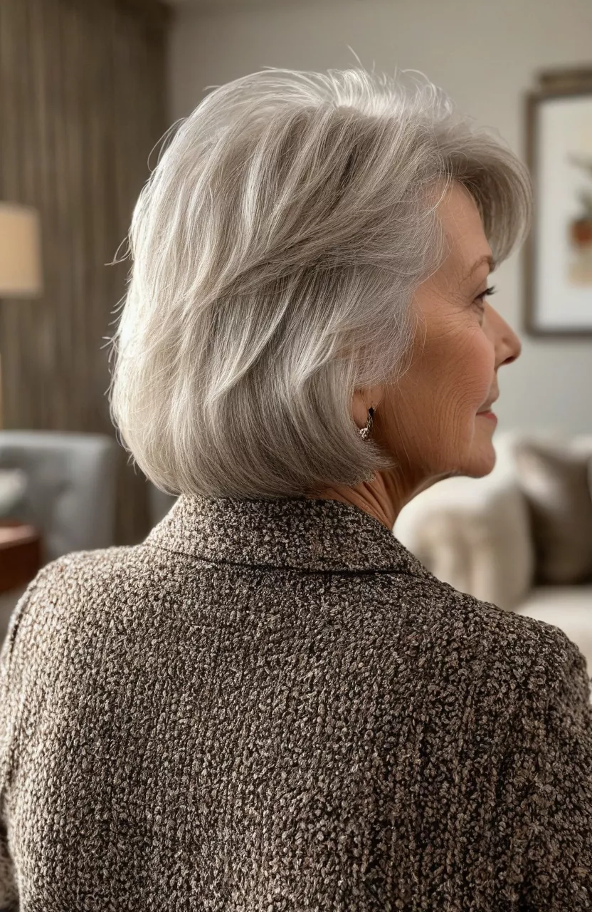 Textured Layers A close-up photo of a 69-year-old Barbara, textured layers, back view, living room background