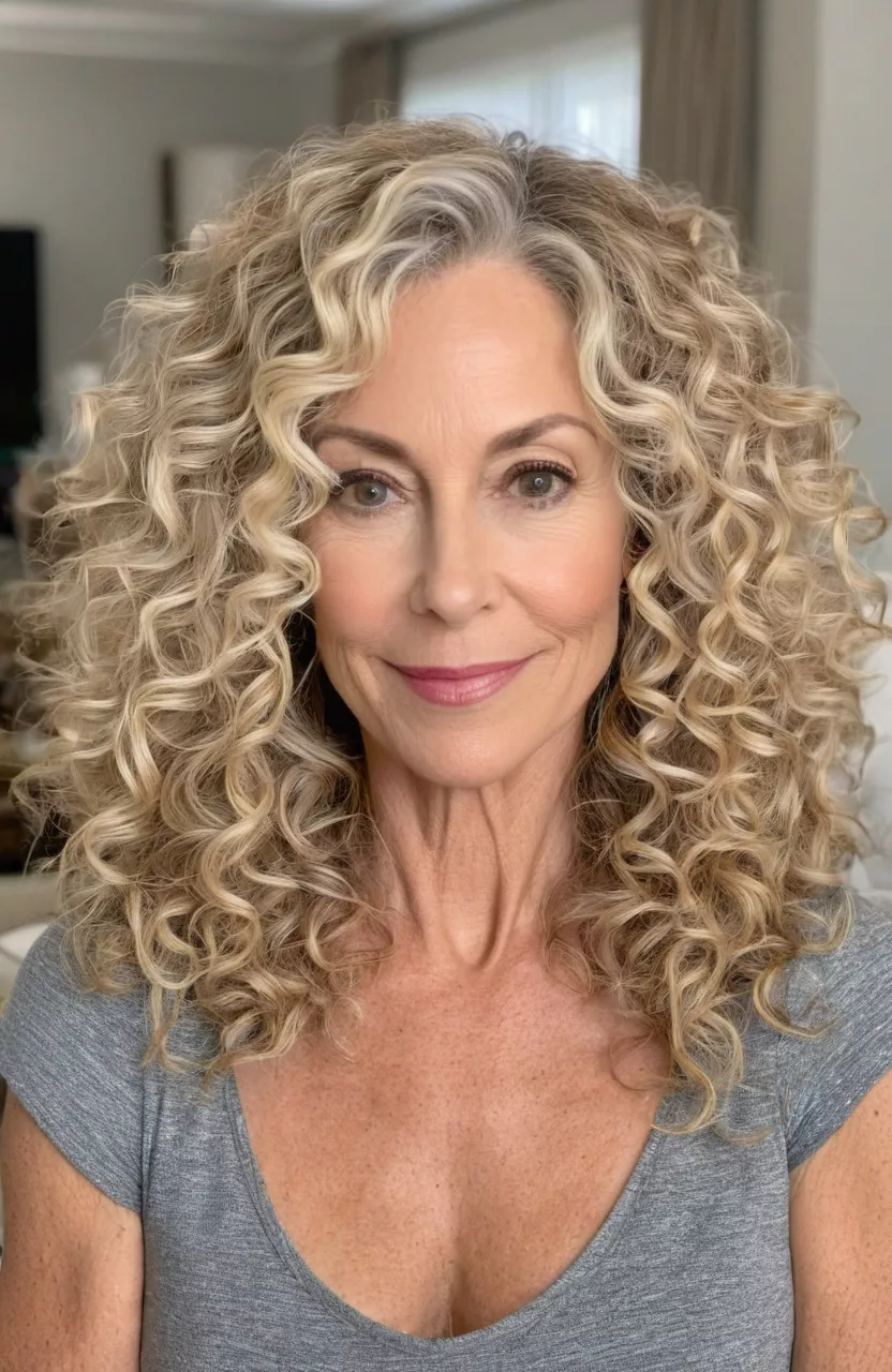Loose Blonde Curls A photo of a 55-year-old Amy, loose blonde curls medium length, front view, living room background