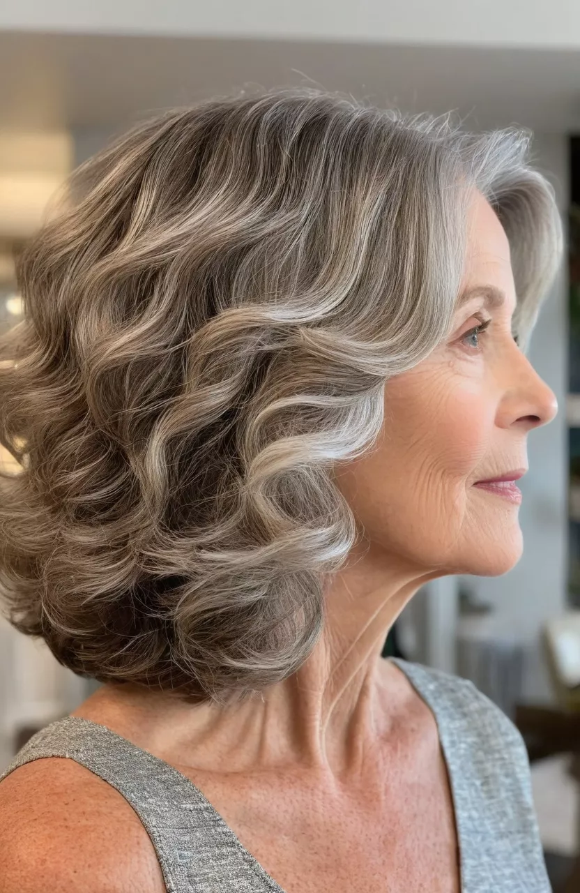 Wavy Lob A photo of a 60-year-old Kathleen, wavy lob, side view, living room background