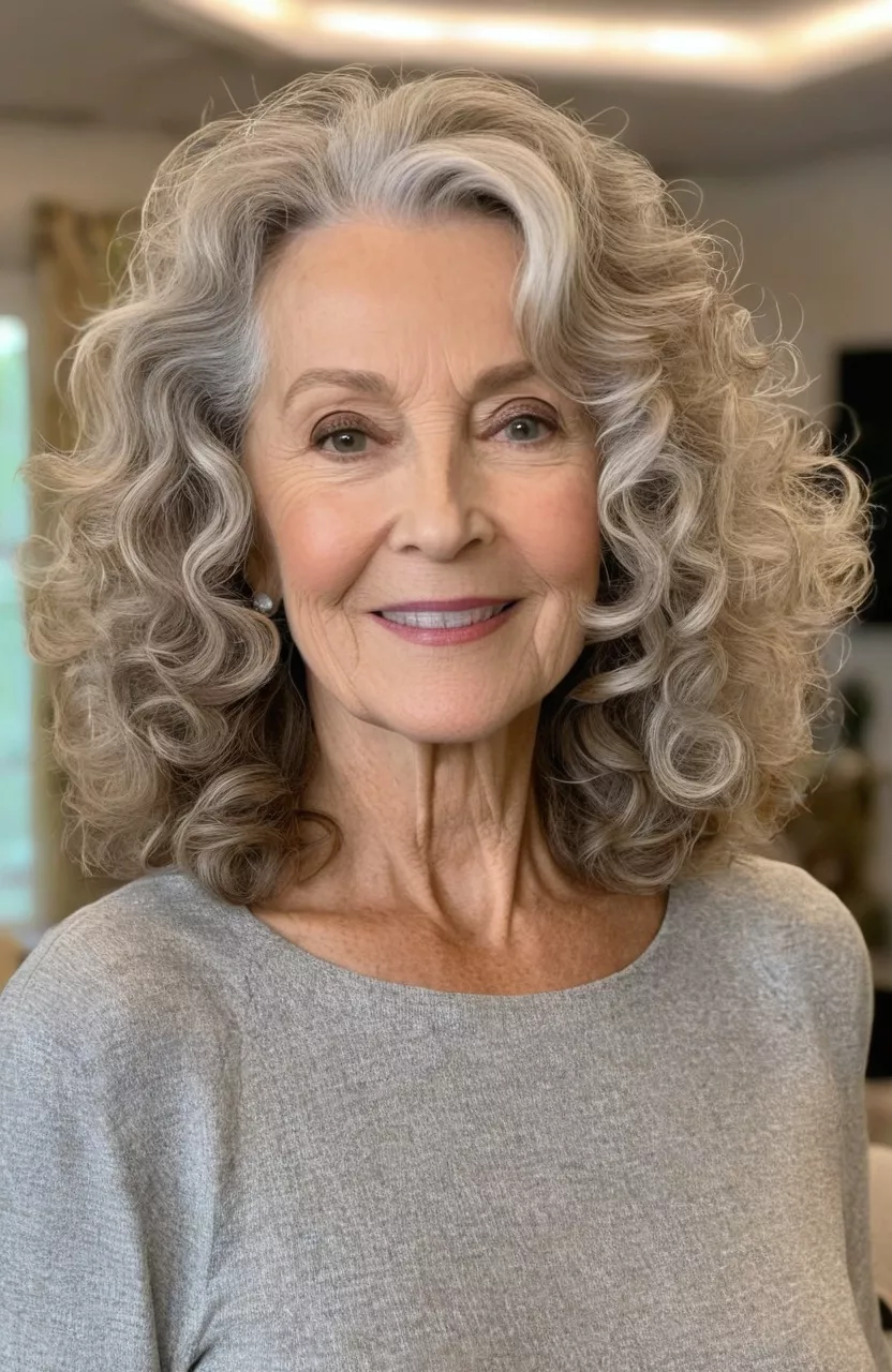 Loose Shoulder-Length Curls A photo of a 74-year-old Lisa, loose shoulder-length curls, front view, living room background