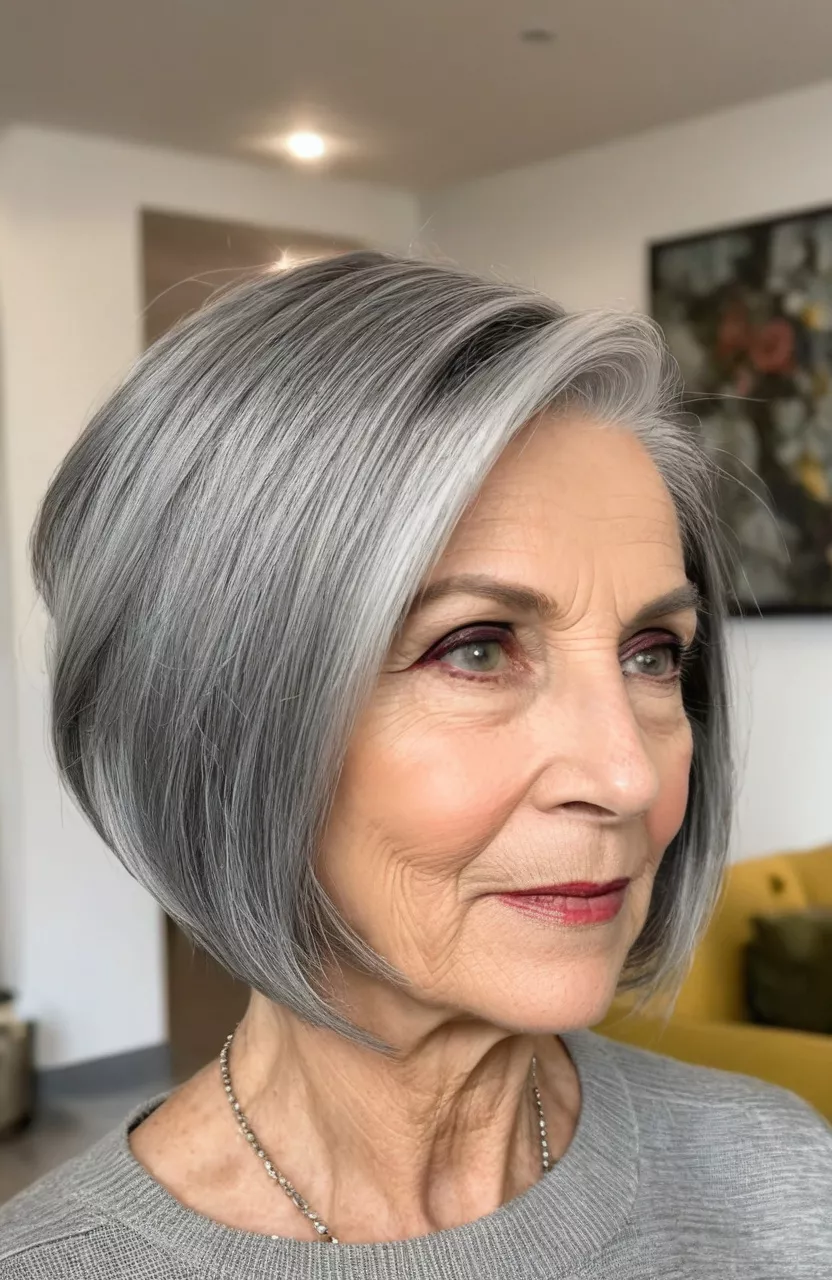 A photo of a 70-year-old Diane, edgy asymmetrical gray bob, front view, living room background