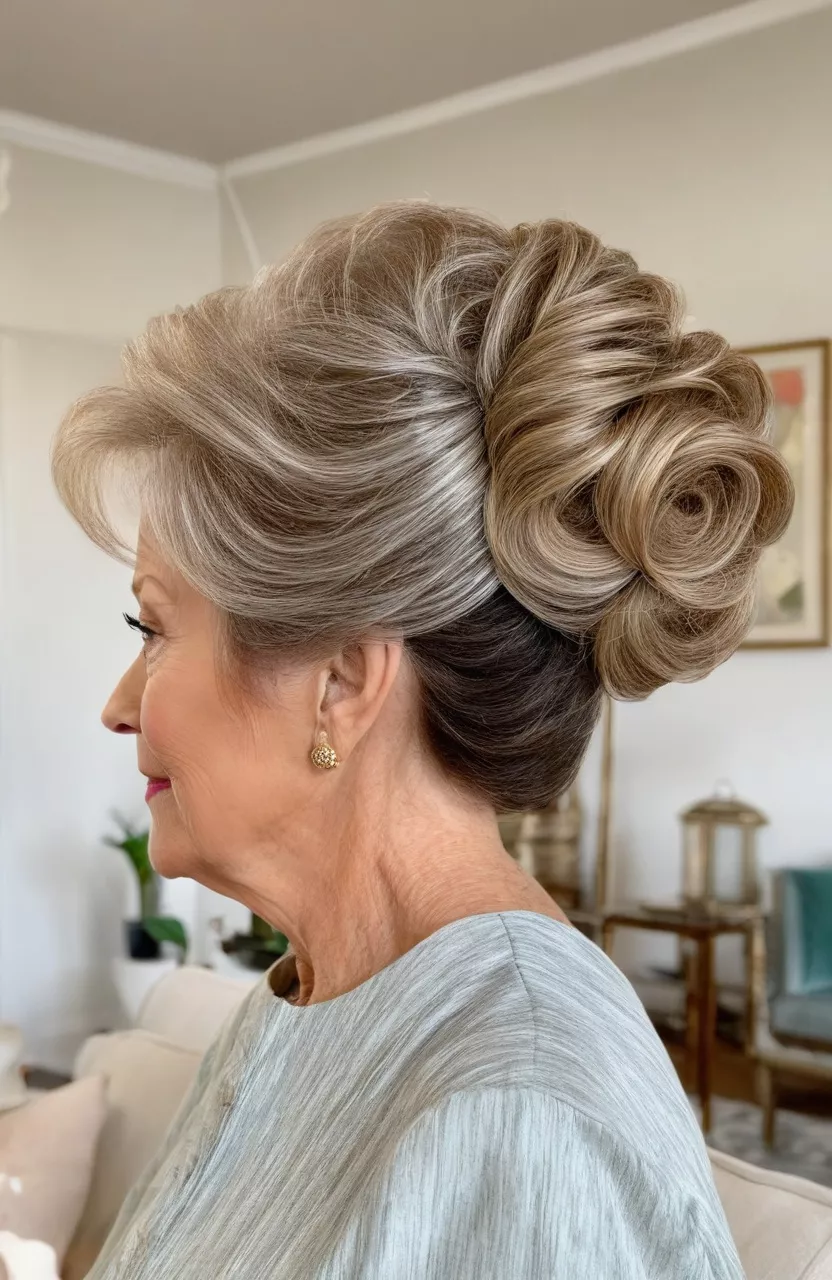 Voluminous Updo A photo of a 72-year-old Nancy, voluminous updo, side view, living room background