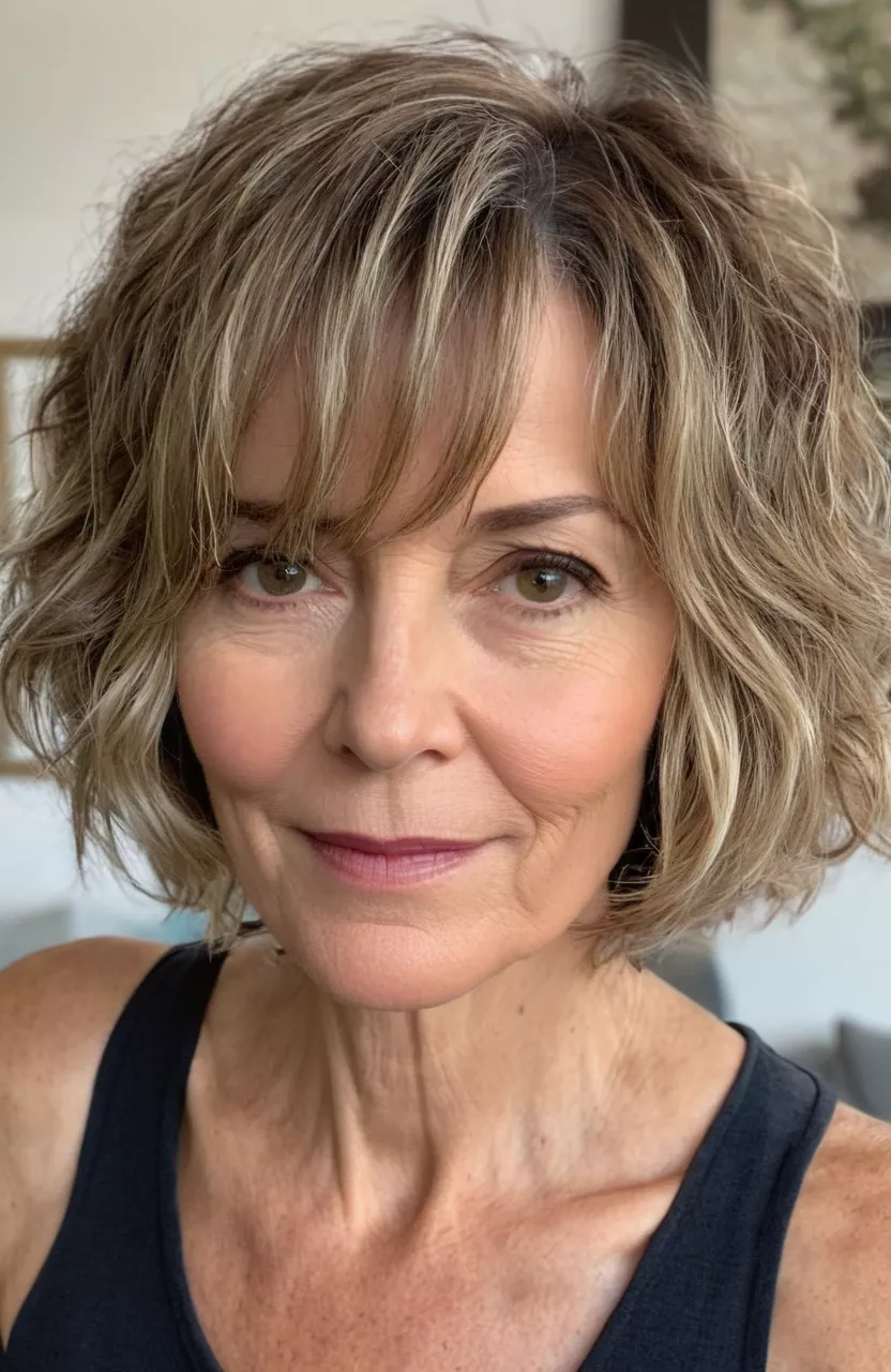Soft Wavy Choppy Bob A photo of a 55-year-old Emma, soft wavy choppy bob, front view, living room background