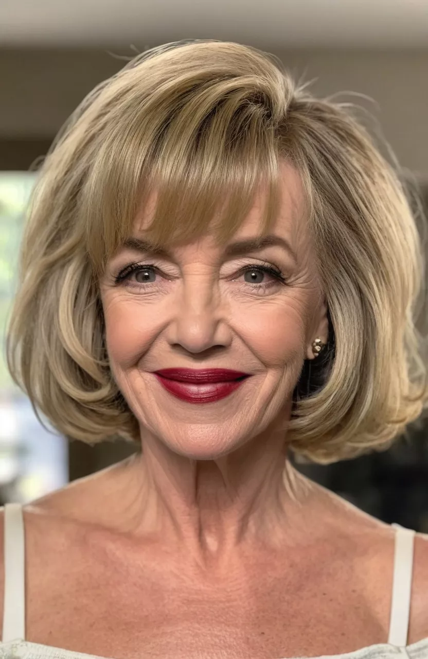 Shaggy Bob with Bangs for Fine Hair A photo of a 51-year-old Marilyn, shaggy bob with bangs for fine hair, front view, living room background