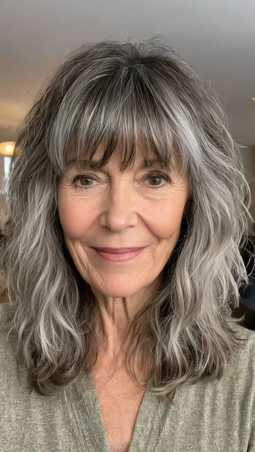 A photo of a 58-year-old Martha, choppy medium-length waves with bangs, front view, living room background