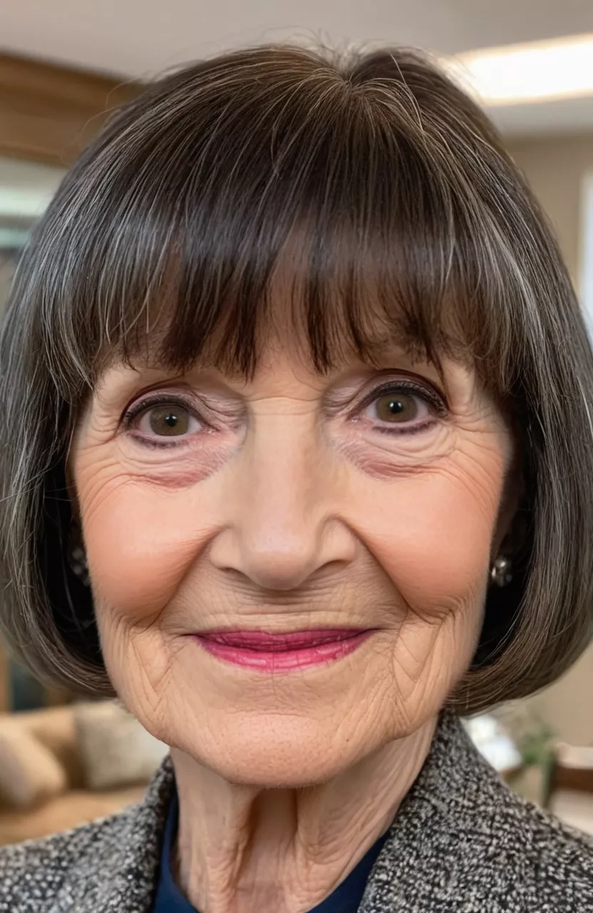 A photo of a 74-year-old Janet, face-framing bob with bangs, front view, living room background