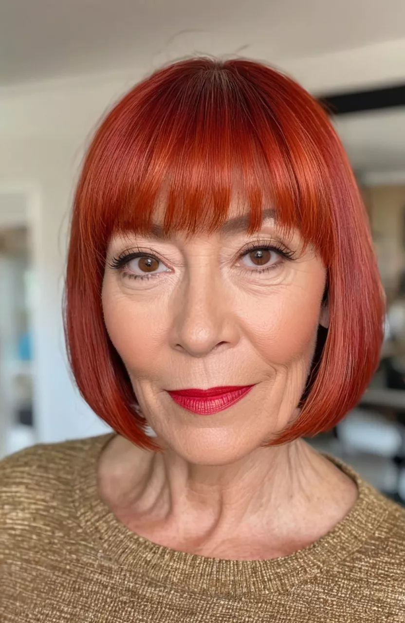 A photo of a 55-year-old Emma, vibrant red chin-length bob with bangs, front view, living room background