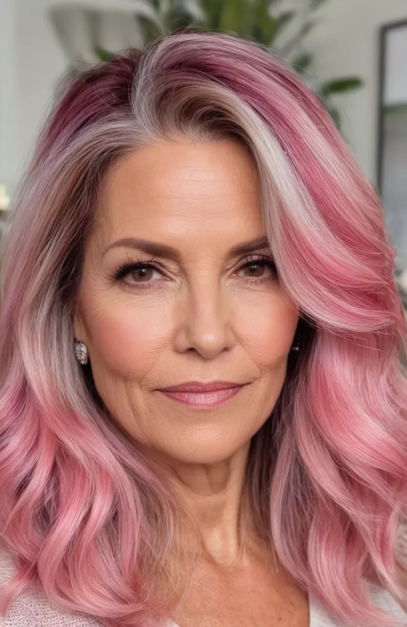 Pink Balayage A photo of a 53-year-old Donna, pink balayage medium hair, front view, living room background