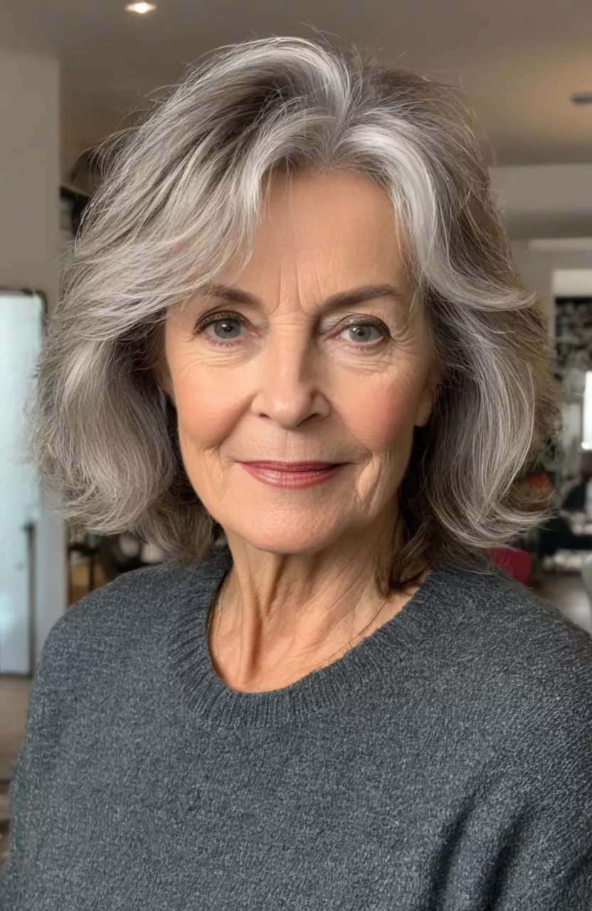 Tousled Lob A photo of a 62-year-old Marie, tousled lob, front view, living room background