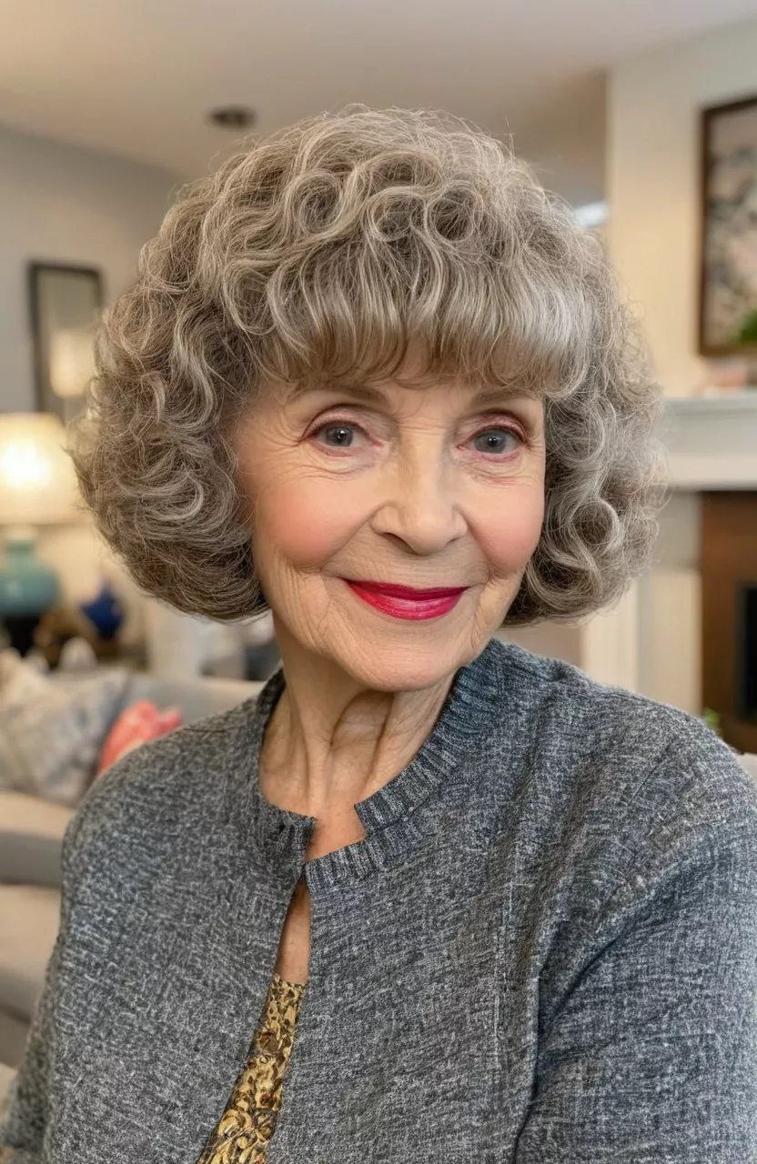 A photo of a 76-year-old Lisa, curly rounded bob with bangs, front view, living room background