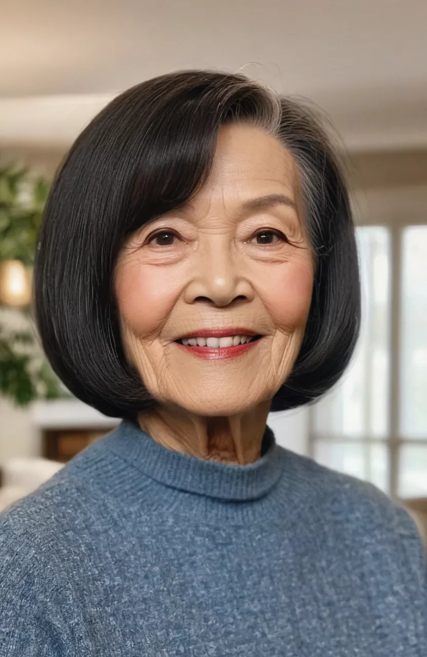 Chin-Length Bob A photo of a 76-year-old Dorothy, chin-length bob, front view, living room background