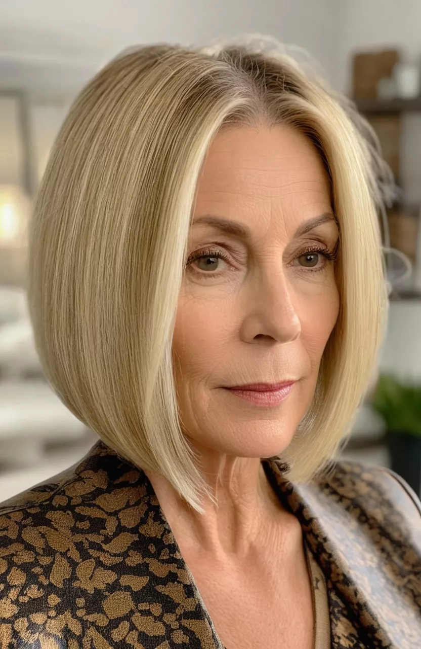 Side-Parted Blonde Bob for Straight Hair A photo of a 58-year-old Christine, side-parted blonde bob for straight hair, side view, living room background