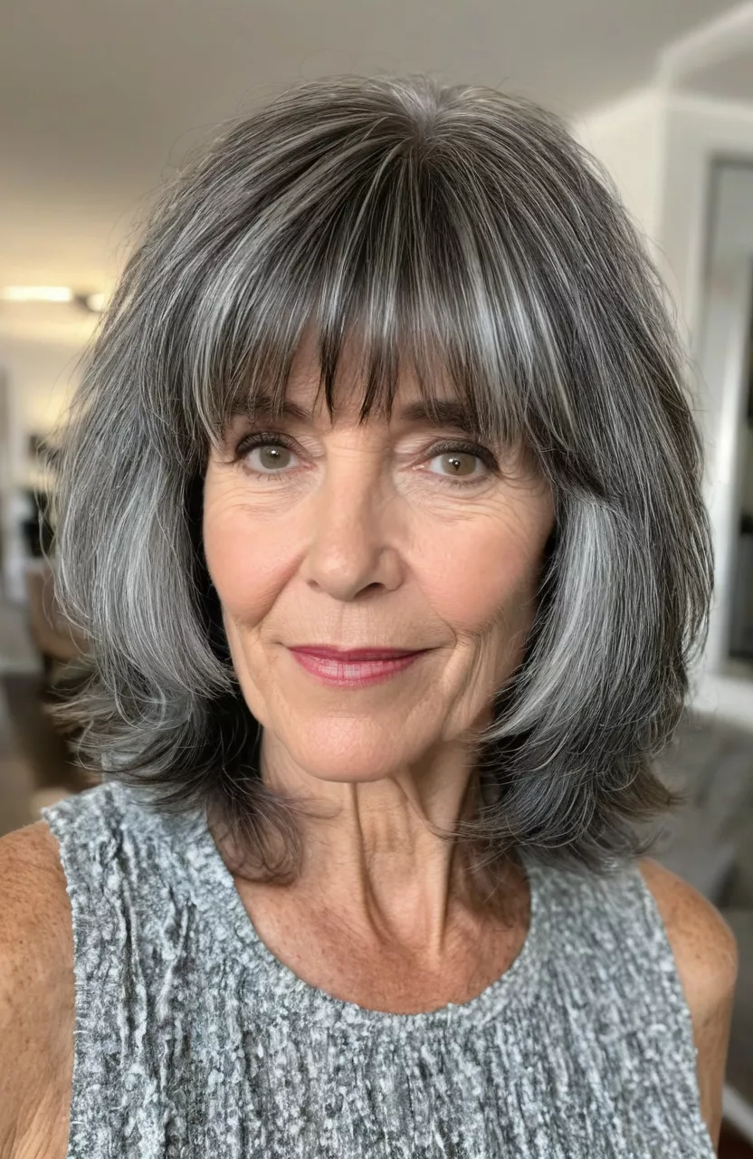 A photo of a 56-year-old Dorothy, salt and pepper shoulder-length shaggy cut with curtain bangs, front view, living room background
