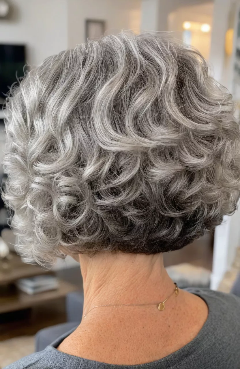 Inverted Silver Curly Bob Without Bangs A photo of a 59-year-old Helen, inverted silver curly bob without bangs, back view, living room background