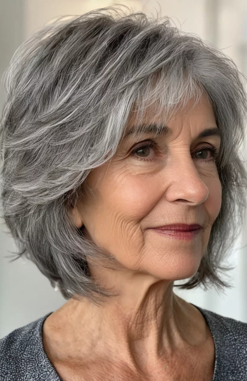 A photo of a 65-year-old Sandra, textured tousled gray bob with natural movement, front view, living room background