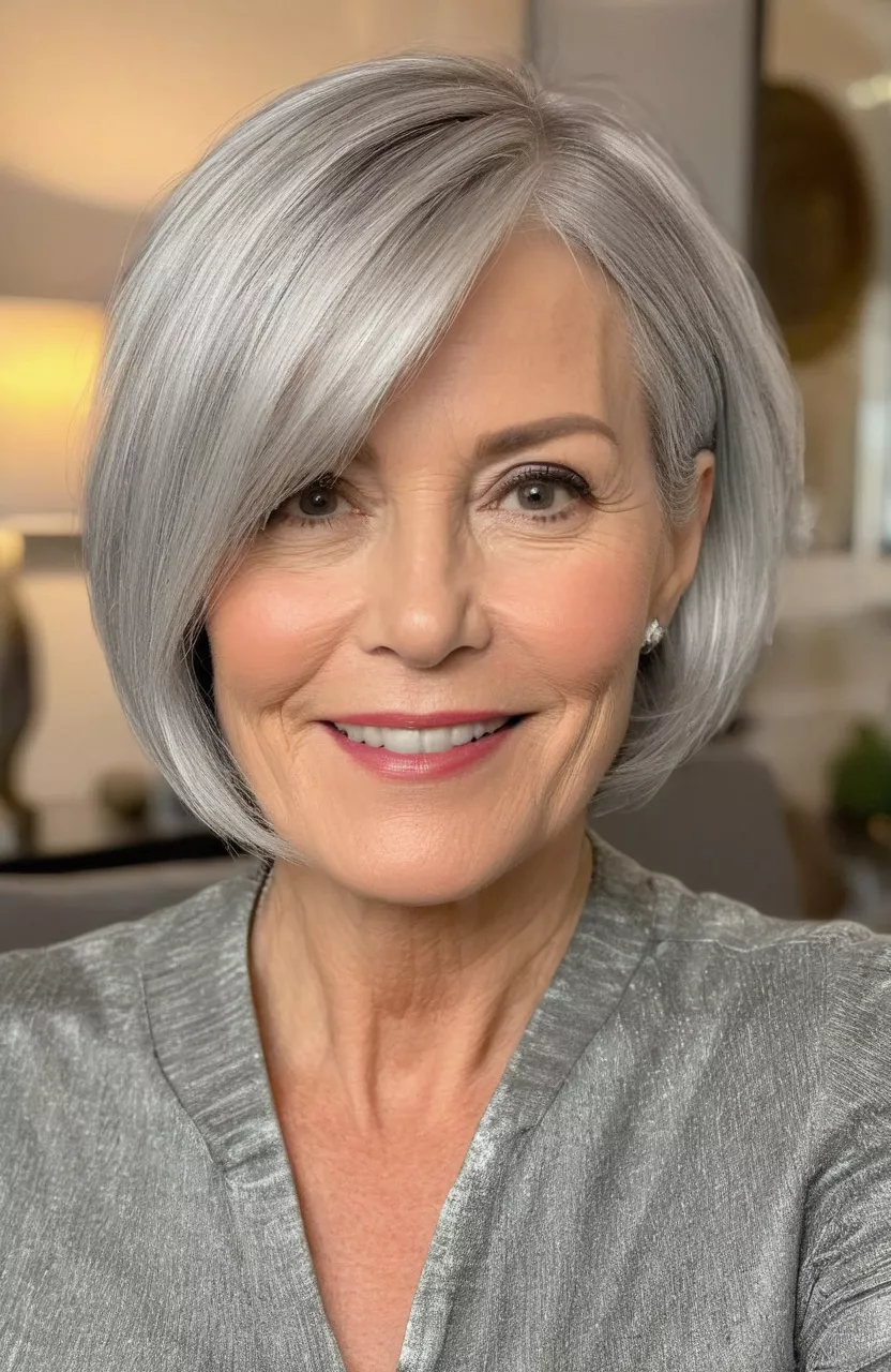 Youthful Short Silver Bob A photo of a 56-year-old Sharon, youthful short silver bob, front view, living room background