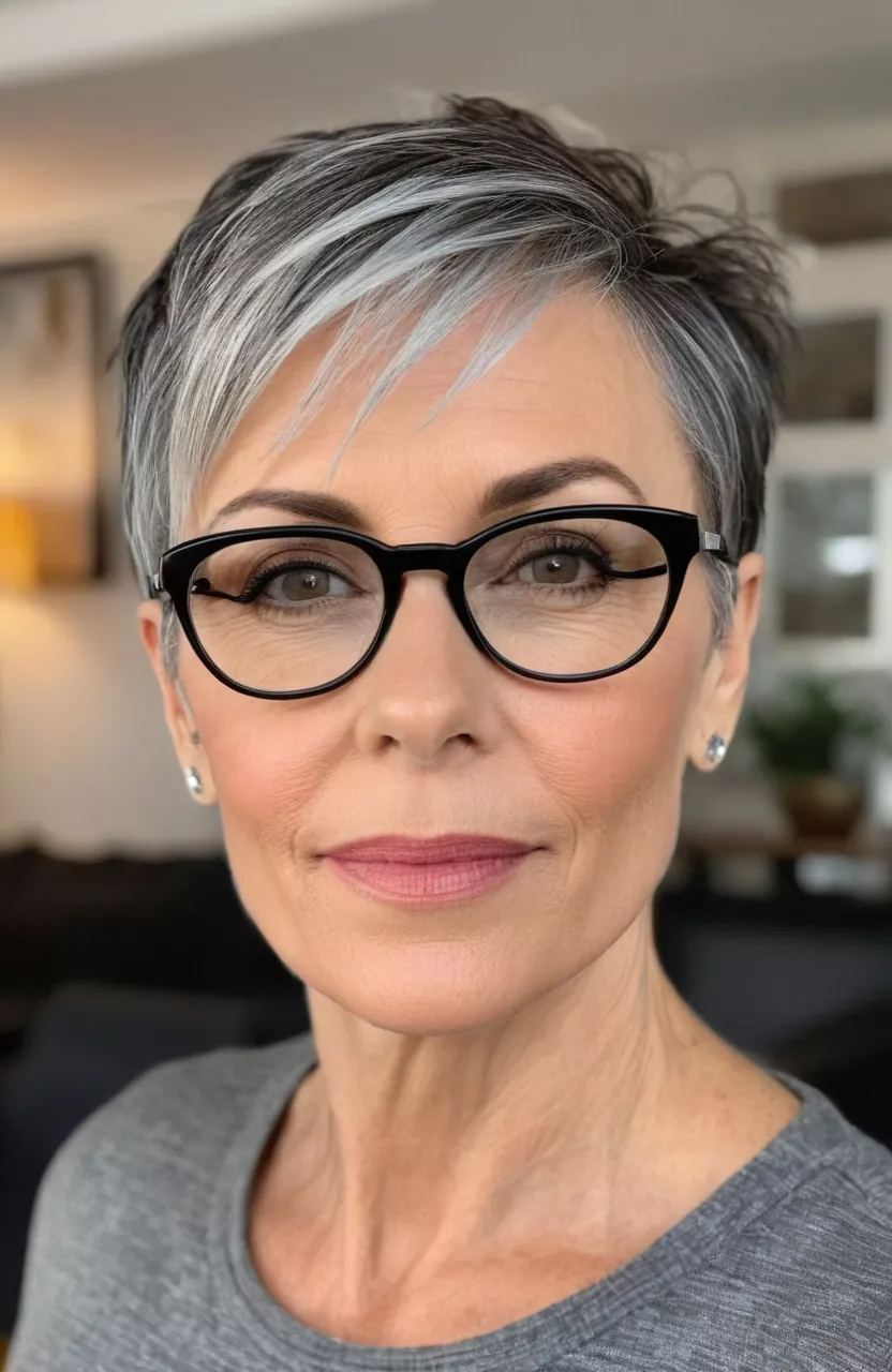 A photo of a 54-year-old Emma with glasses, asymmetrical pixie with dark underlayer, side view, living room background