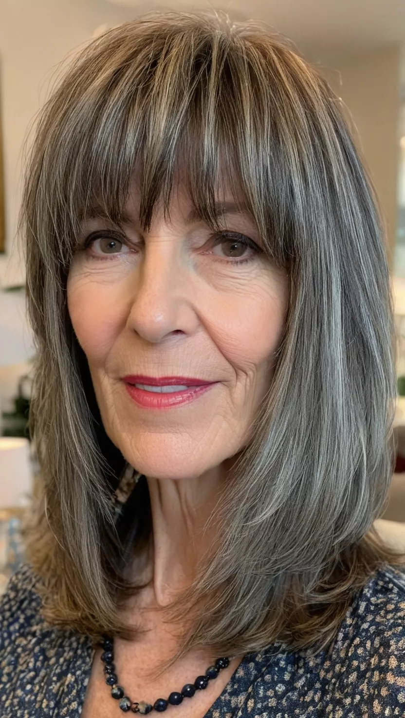 A photo of a 55-year-old Dorothy, textured layered long bob with bangs, front view, living room background