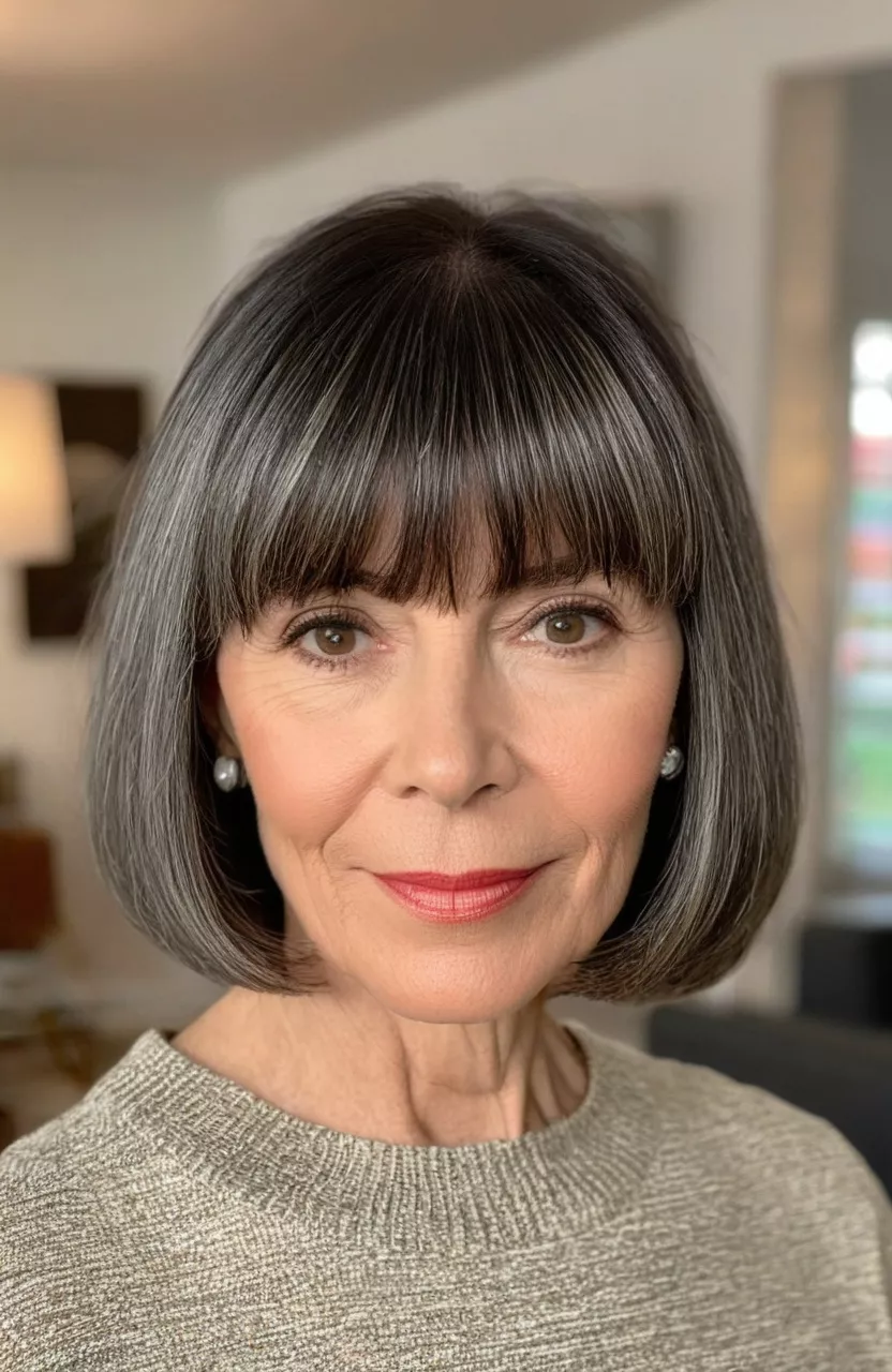 Neck-Length Haircut with Full Bangs A photo of a 56-year-old Sandra, neck-length haircut with full bangs, front view, living room background