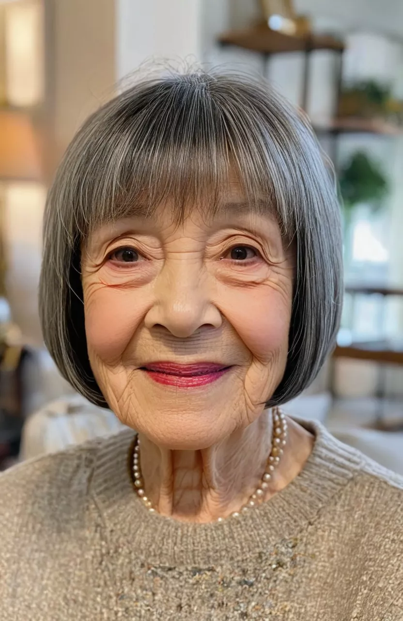 A photo of a 79-year-old Ruth, chin-length layered bob with bangs, front view, living room background