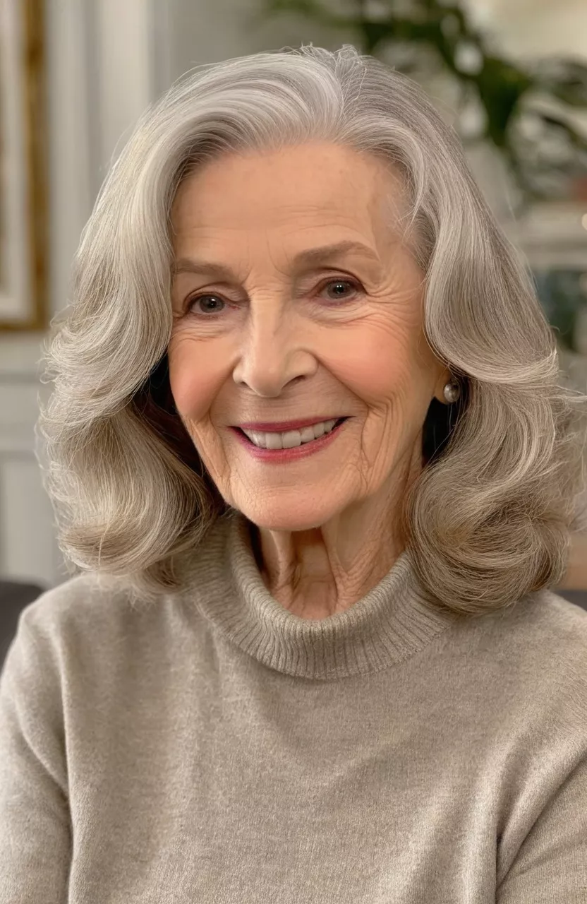 A photo of a 78-year-old Jennifer, soft shoulder-length waves, front view, living room background