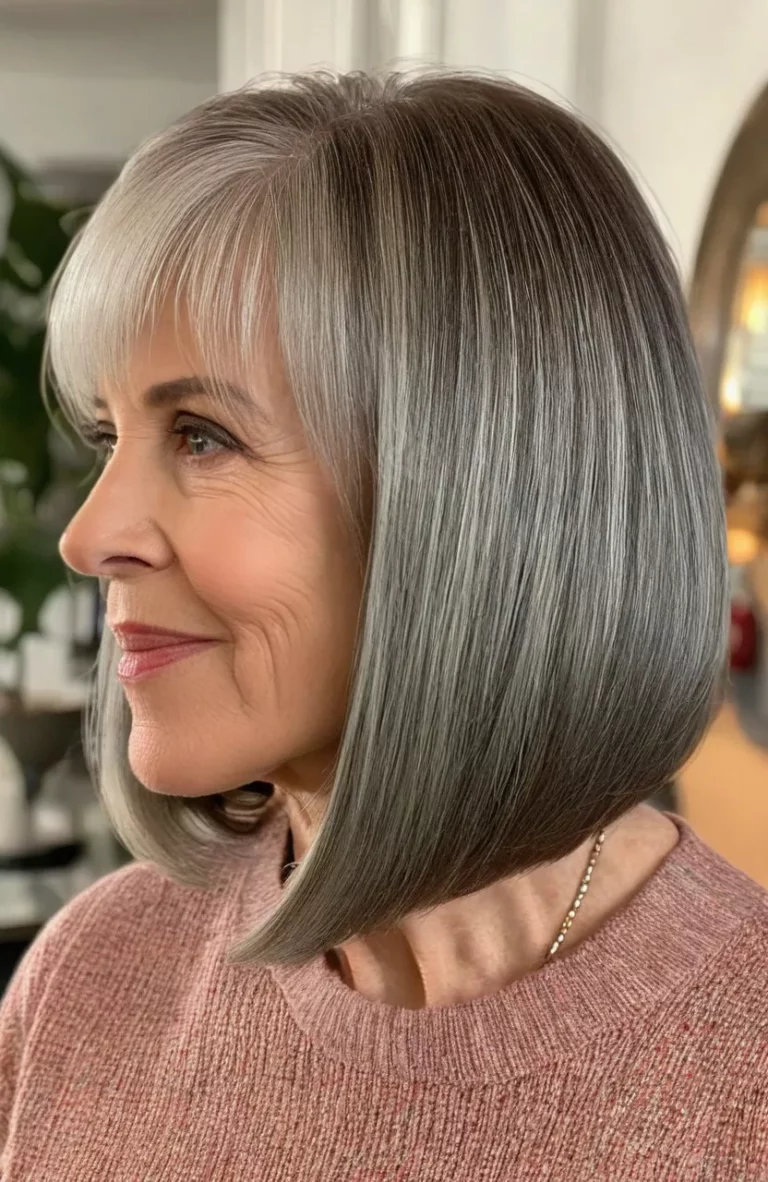 A photo of a 50-year-old Betty, long bob that is curved around the face, side view, living room background