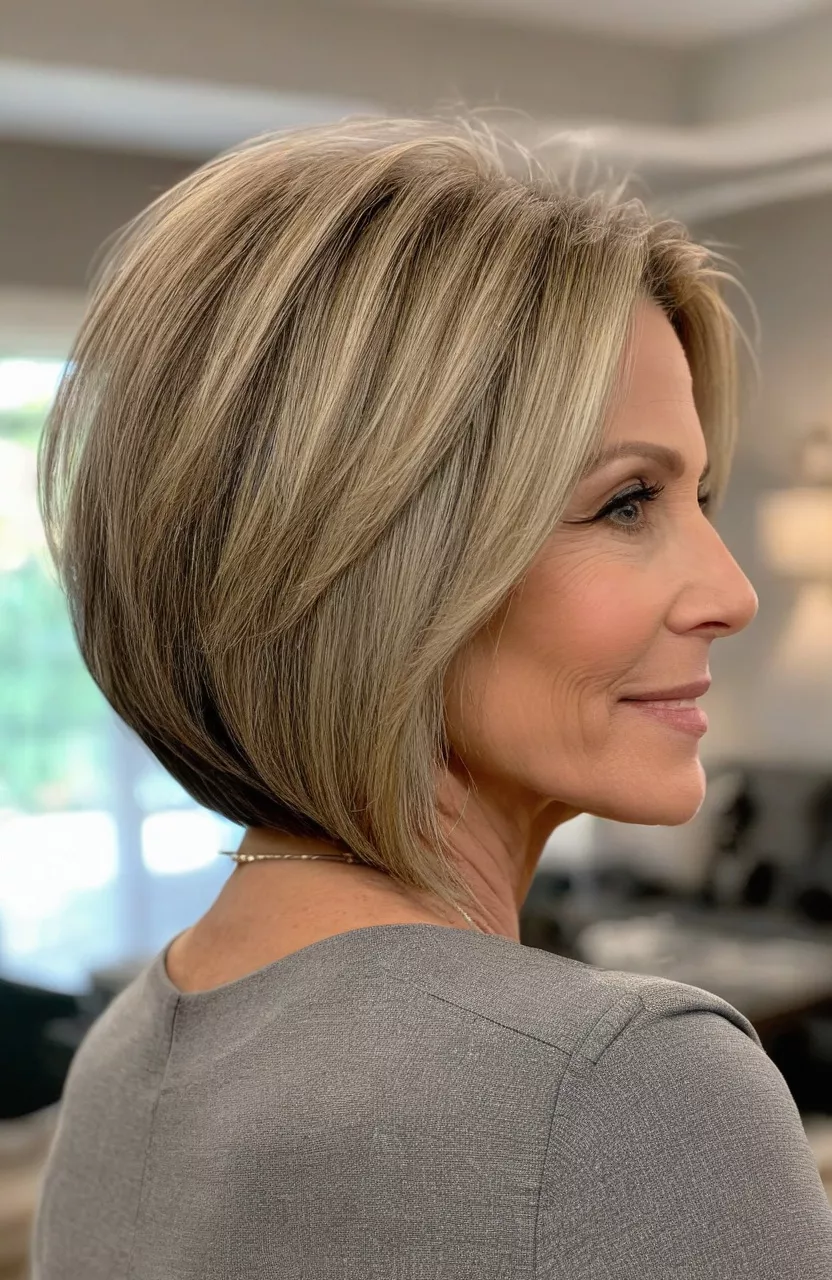 Stacked Bob A close-up photo of a 54-year-old Jennifer, stacked bob, back view, living room background