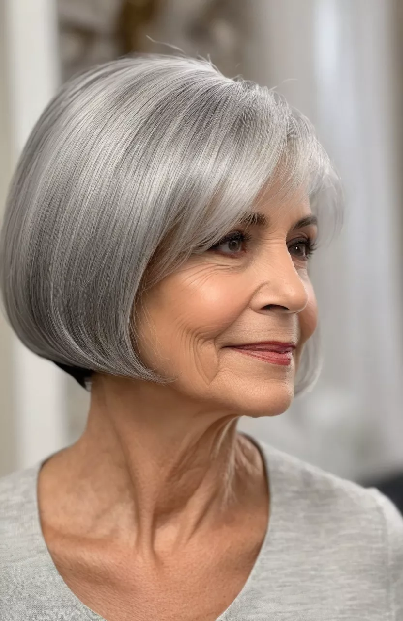 A photo of a 65-year-old Maria, angled silver bob, side view, living room background