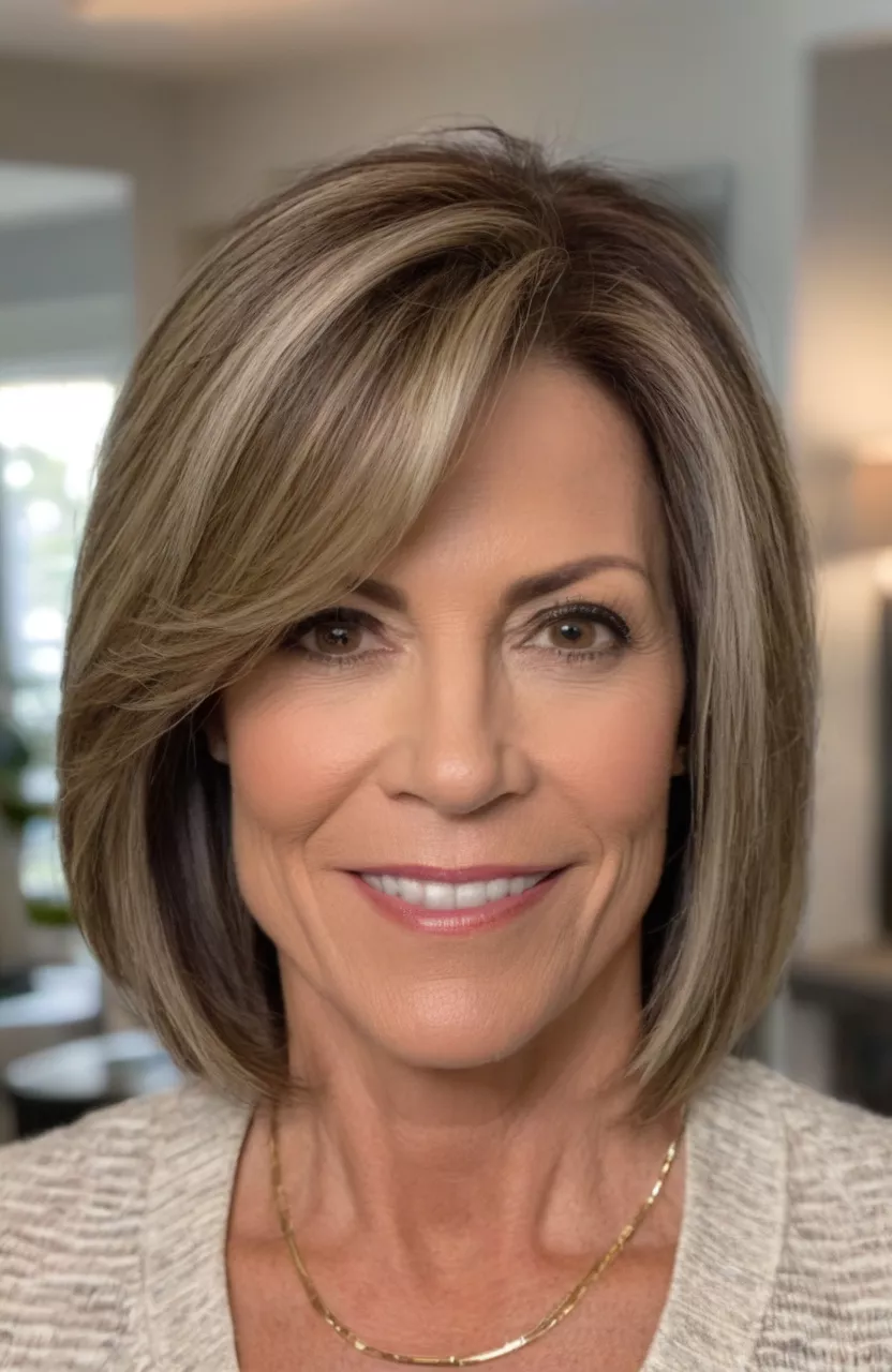 Cut with an Off-Center Part A photo of a 51-year-old Michelle, off-center part medium cut, front view, living room background