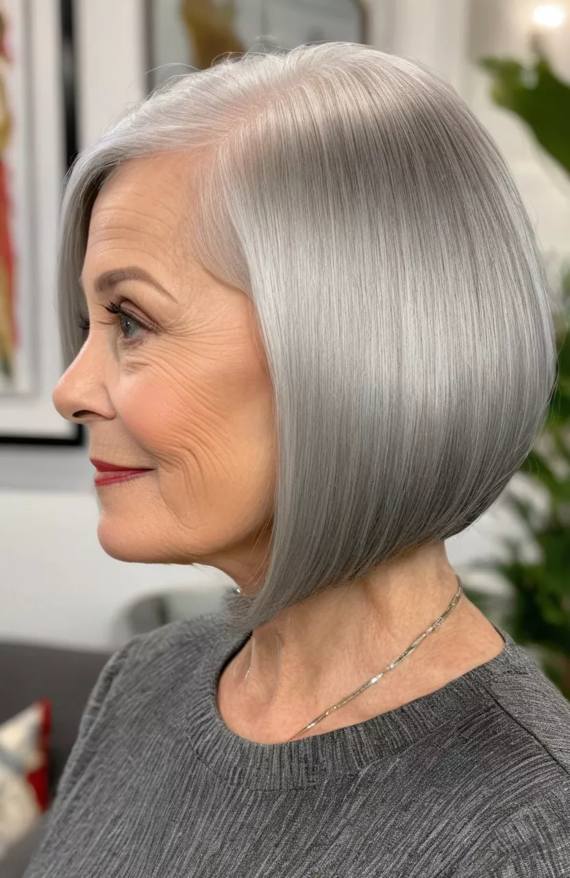 A photo of a 73-year-old Sharon, rounded silver bob with curved ends, side view, living room background
