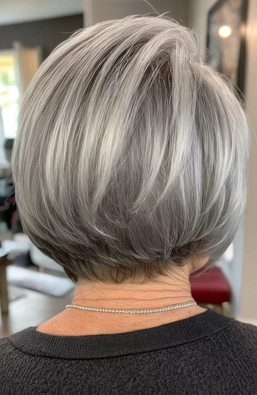 A photo of a 72-year-old Helen, stacked layered silver bob with dimensional highlights, back view, living room background