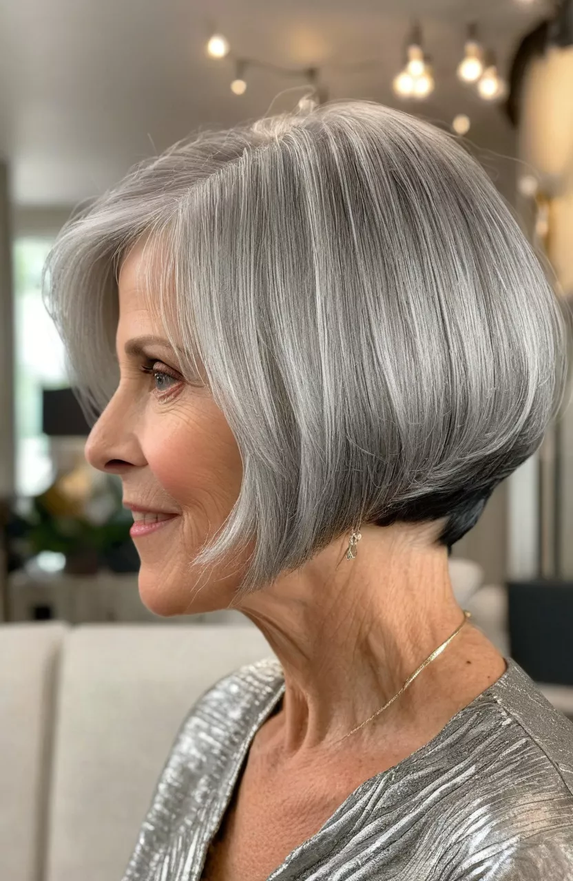 Silver Textured Bob A photo of a 58-year-old Diane, silver textured bob, side view, living room background