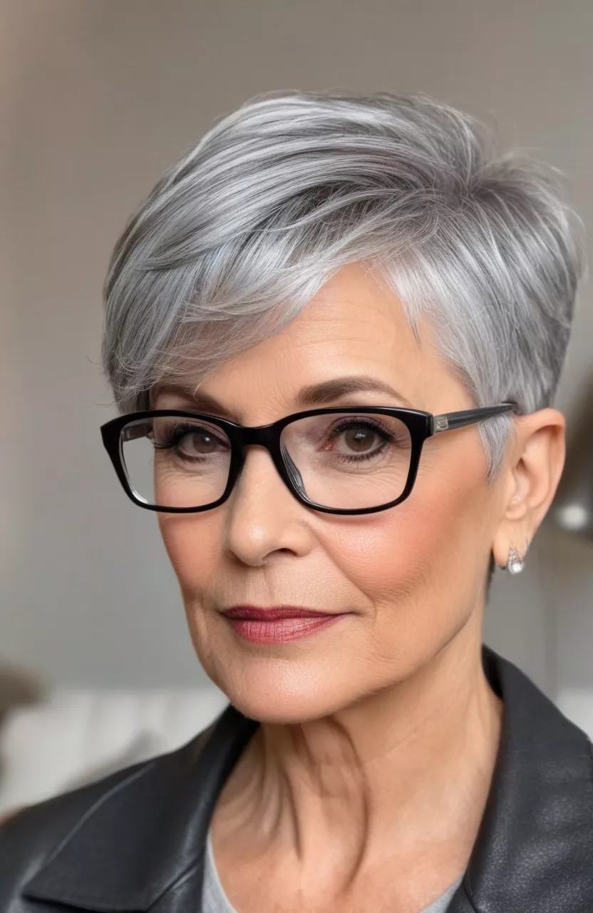 A photo of a 56-year-old Patricia with glasses, silver pixie with side-swept bangs and undercut, side view, living room background