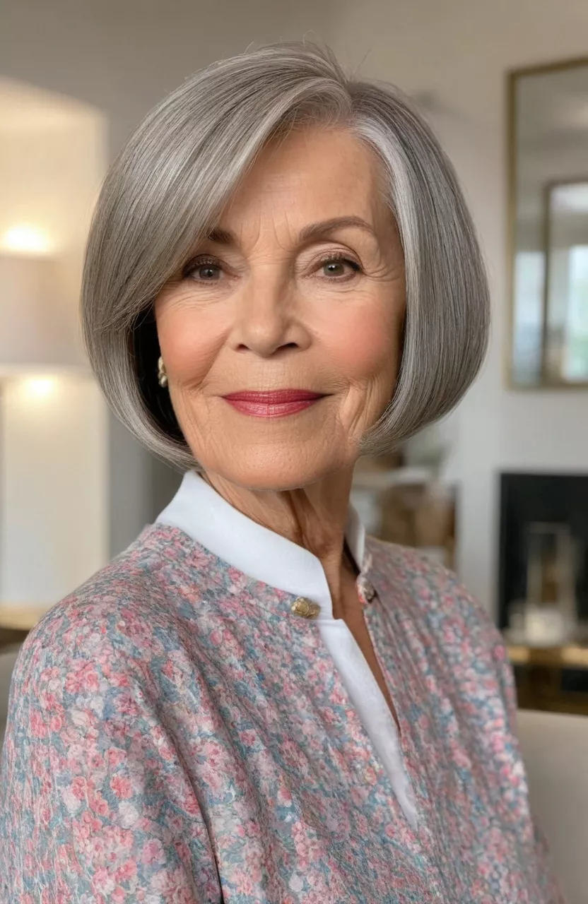 A photo of a 71-year-old Gloria, naturally sleek bob, front view, living room background