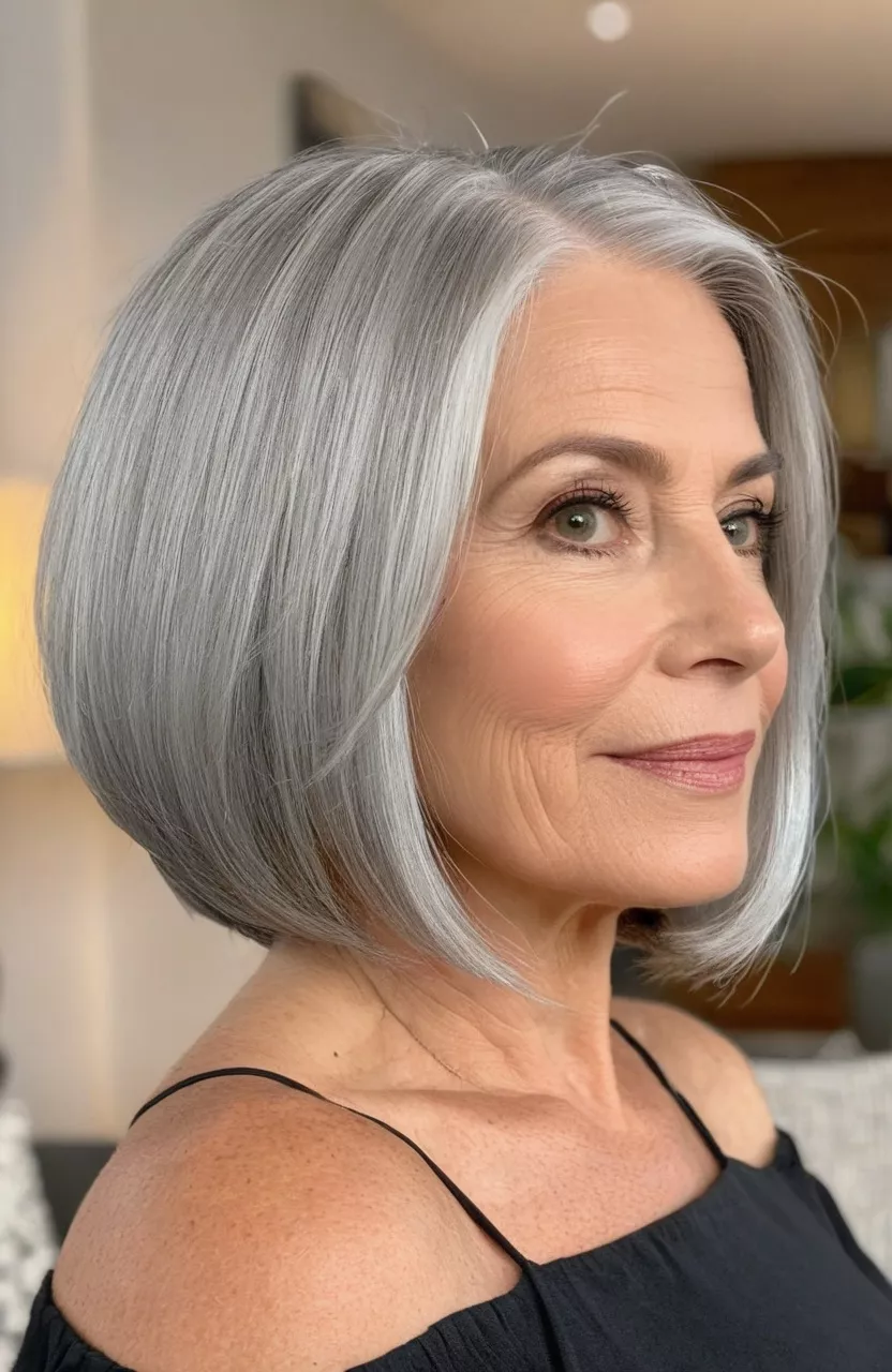 Classic Bob for Silver Hair A photo of a 56-year-old Amy, classic bob for silver hair, front view, living room background