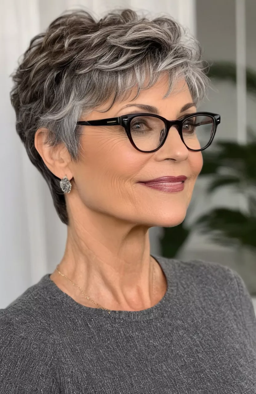 A photo of a 54-year-old Lisa with glasses, razor-cut wavy pixie, side view, living room background